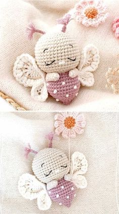 crocheted angel ornament with flowers on the side and in the middle