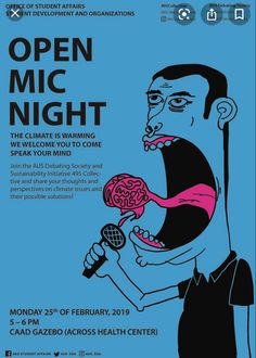 the poster for an open mic night with a cartoon character holding a microphone in his hand