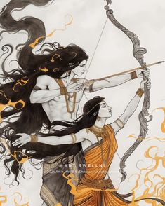 an artistic drawing of a woman holding a bow and arrow in her right hand, while another woman holds a snake behind her back