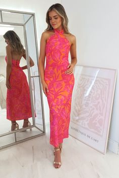 Halter Wedding Guest Dress, Bright Wedding Guest Dress, Orange And Pink Outfit, Pink And Orange Dress, Pink Wedding Guest Dresses, Luau Dress, Halter Neck Midi Dress, Orange Bridesmaid Dresses, Midi Dress Pink