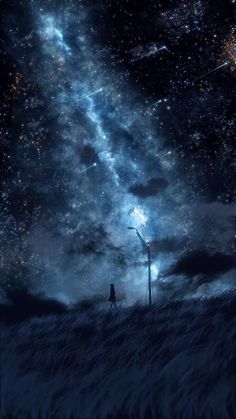 a man standing in the middle of a field under a night sky filled with stars