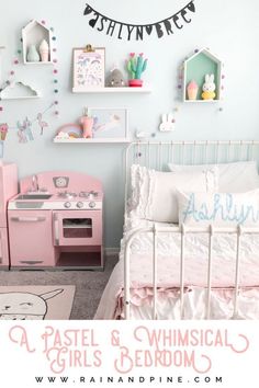 Pastels, unicorns, kawaii, and whimsical decor in this beautiful modern girls bedroom. Toddler or big girls will love the pink, blue, white, and grey colors of bunnies, clouds, baby dolls, and ruffles in this sweet and magical kids bedroom. Girls Bedroom Toddler, Modern Girls Bedroom, Whimsical Girls Bedroom, Room Rain, Umpa Lumpa, Unicorn Room, Teens Room, Stylish Bedroom Design, Big Girl Bedrooms