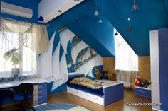 a bedroom with blue and white walls, furniture and decor on the ceiling is decorated in an unusual manner