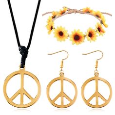 PRICES MAY VARY. Hippie Sets: Includes 4 pieces hippie accessories,1pc peace sign necklace, 1 pair of peace sign earrings and 1pc hippie headband, show a 60's and 70's style, fits most teens and adults Good material: the peace sign necklace is made of high quality steel, lightweight and durable, with electroplated surface, anti-rust and anti-erosion, you can use them for a long time Hippie Party Accessories: Suitable for men, women, teens, and kids, as important accessory in your 60's or 70's dr Casual Gold Jewelry For Festivals, Hippie Style Gold Nickel-free Jewelry, Hippie Style Nickel-free Gold Jewelry, Hippie Nickel-free Gold Jewelry, Hippie Adjustable Party Jewelry, Summer Festival Retro Jewelry, Retro Summer Festival Jewelry, Vintage Jewelry With Peace Sign As Gift, Vintage Jewelry With Peace Sign For Gift