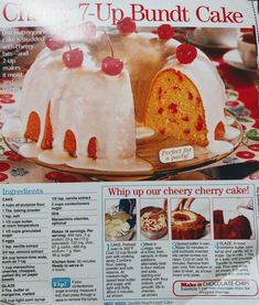 an advertisement for a cake with cherry toppings