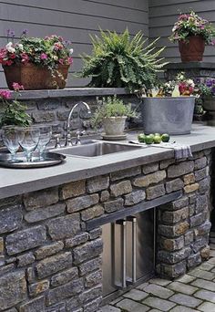 an outdoor kitchen with sink and potted plants on the outside wall next to it