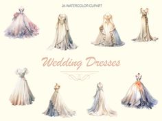 watercolor clipart wedding dresses with different styles and colors for each dress, the bride is wearing