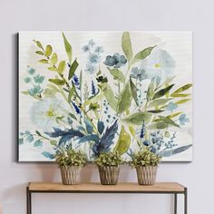 three potted plants sit on a shelf in front of a wall with a painting