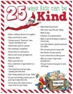 a poster with the words 25 ways kids can be kind and an elf on top