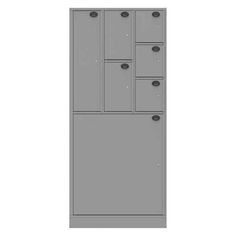 a tall gray cabinet with four doors on the front and two drawers on the back