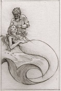 a pencil drawing of a mermaid with a man on it's back sitting on top of a wave