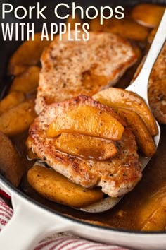 pork chops with apples in a skillet