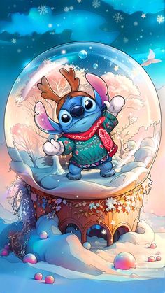 a snow globe with an image of stitchy in the snow and wearing a scarf