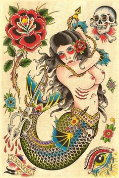 a drawing of a mermaid with skulls and roses