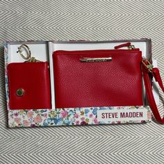 Steve Madden Wallet With Key Ring Color: Red Nwt Trendy Red Wallets For Gift, Trendy Red Wallet For Gift, Trendy Red Coin Purse As Gift, Trendy Red Coin Purse For Gift, Gold Feather Necklace, Steve Madden Wallet, Tassel Purse, Red Fur, Brown Wallet