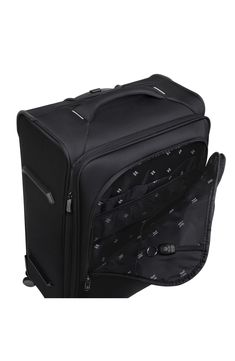 An expanding base boosts the packing space in this adaptable suitcase equipped with multidirectional spinner wheels making it the ideal travel companion.Closure: Two-way zip-around closure with an expansion zipper that adds two inches of depth. Exterior features: A multistage telescopic trolley handle system and four 360-degree double wheels.Interior features: Zip pockets, slip pockets and compression straps. 17.3"W x 27.8"H x 10.4"D with 2.8" expansion Textile Imported Functional Portable Luggage For Overnight Trips, Portable Black Luggage For Travel, Black Portable Luggage For Travel, Black Foldable Travel Accessories, Portable Black Travel Luggage, Black Portable Functional Luggage, Versatile Black Luggage With Zipper Closure, Black Nylon Travel Cases, Double Handle Luggage With Removable Pouch For On-the-go