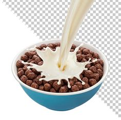 milk being poured into chocolate cereal in a blue bowl on a white background png clipart