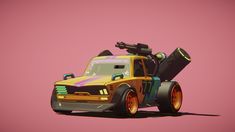 an animated vehicle with large wheels and big tires on it's flatbed is shown against a pink background