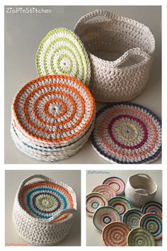 crocheted baskets with different colors and sizes are shown in this collage, including one