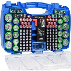 a blue case filled with lots of batteries