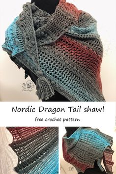 a crocheted shawl is shown with the words nordic dragon tail shawl