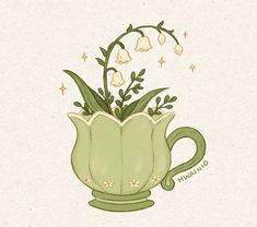 a drawing of a green teapot with flowers in it's top and the words happy birthday written below