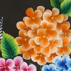 an oil painting of flowers on a black background