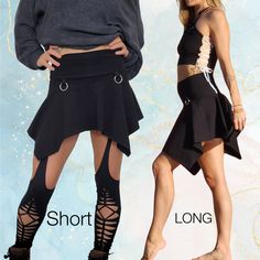 Step up your style game with the Pixie Skirt! Offered in two lengths, Short and long. The short version definitely shows off some booty, and is fun to pair with booty shorts, or garters. The longer length can easily be worn by itself and also is fun to layer. This skirt twirls open like a flower.  Crafted from high-quality, thick jersey fabric. Super cute to wear with boots or leg warmers.  This skirt comes in the classic black and white, ensuring they effortlessly blend with any ensemble. Made from a premium blend of 95% cotton and 5% spandex, which is naturally firesafe, they provide a soft, stretchy fit that's both flattering and comfortable. Sizing Choose the perfect size for you: * XS: 00 S: 0-2 M: 4-6 L: 8-10 XL: 12-14 2X: 16-18 Waist (inches) xs 23-24 S 25-26 M 27-28 L 30-32 XL 33-3 Pixie Skirt, Rock Festival, Womens Skirts, Festival Clothing, Garters, Festival Outfits, Leg Warmers, Long Length, Step Up