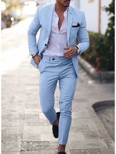 Light Blue Men's Linen Suits Summer Beach Wedding Suits 2 Piece Solid Colored Tailored Fit Single Breasted One-Button 2024 2024 - $95.99 Outfit Mit Blazer, Gown Elegant, Stylish Suit, Linen Suits, Fashion Suits, Linen Suit, Mode Masculine, Blue Khakis, Modern Gentleman