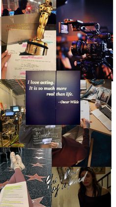 a collage of photos with words and pictures on them, including an oscar statue