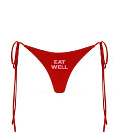 Introducing the "Eat Well" series by Fe Noel: These red bikini bottoms are a bold statement in style. Featuring the phrase "Eat Well" emblazoned across the front, these bottoms celebrate the joy of healthy living and indulgence without compromise. Designed with a flattering fit and comfortable stretch, they're perfect for those sun-soaked days when you want to feel both empowered and effortlessly chic. Pair them with the matching bikini top or mix and match for a look that’s your own. Details Li Red Tie-side Bottoms For Sunbathing, Red Tie-side Pool Bottoms, Red Tie-side Swimming Bottoms, Red Tie-side Bottom Beachwear, Red Tie-side Summer Bottoms, Red Tie-side Bottoms For Summer, Red Brief Bottoms For Beach Season, Multifaceted Woman, Cropped Pink