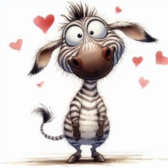 a cartoon zebra with big eyes and hearts around it's neck, standing in front of a white background