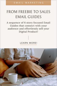 a woman on her laptop with the text from freebie to sales email guides written below