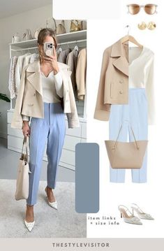 Light Blue Business Outfit, Light Blue Work Pants Outfit, Pastel Work Outfit, How To Style Blue Pants, Blue Pants Work Outfit Women, Creme Outfits, Blue Pants Outfit, Professional Business Casual, Look Office