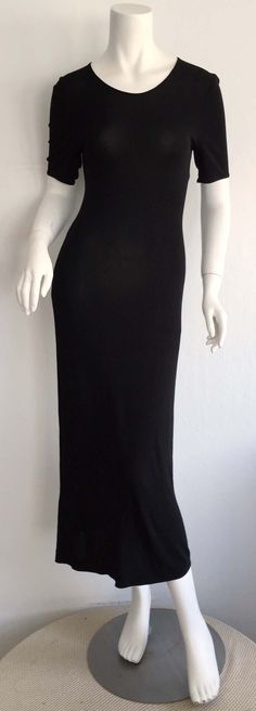 For Sale on 1stDibs - The perfect black dress! Vintage Calvin Klein Collection 90s black silk jersey dress. Double-ply jersey, with a figure flattering fit. Hugs he body in Classic Black Stretch Bodycon Dress, Classic Black Bodycon Evening Dress, Classic Black Bodycon Dress For Evening, Black Dress Vintage, Perfect Black Dress, Feminine Wardrobe, Vintage Calvin Klein, Perfect Little Black Dress, Calvin Klein Collection