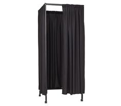 an open black curtain with wheels on the bottom, and one side is closed to show it