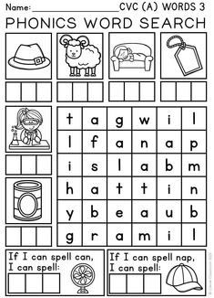 the worksheet for phonics word search is shown in black and white