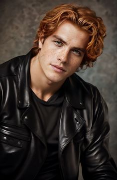 a young man with red hair wearing a black leather jacket and looking at the camera