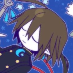 an anime character with long brown hair and blue eyes is holding a black bag in his hand