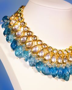 Sharawar Clear Blue Quartz Necklace Luxury Blue Jeweled Jewelry, Kundan Long Necklace For Party, Luxury Blue Necklace With Detachable Pendant, Luxury Blue Jeweled Necklaces, Luxury Blue Jewelry With Intricate Design, Elegant Turquoise Necklace With Detachable Pendant, Elegant Turquoise Kundan Necklace For Festive Occasions, Blue Fusion Jewelry With Intricate Design, Festive Turquoise Gemstone Jewelry