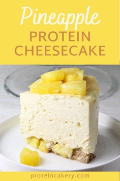 a white plate topped with a piece of cake covered in pineapple protein cheesecake