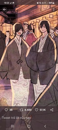 an animated image of two women in kimonos walking down the street with other people behind them