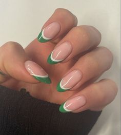 Cute White Glitter Nails, Nail Inspo For Spring Break, Spring Nail Ideas Almond Shape, Almond Nails Double French Tip, French Tip With Underline, Multi Color French Tip Nails Almond, Biab French Tips, Multicolor French Tip Nails Almond, Green And White French Tip Nails