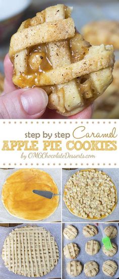 the steps to making caramel apple pie cookies are shown in this collage with pictures