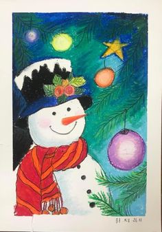 a drawing of a snowman wearing a hat and scarf