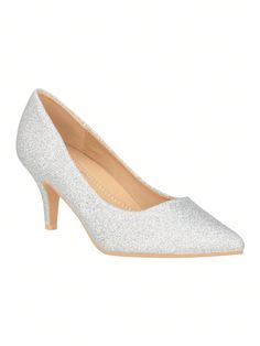 Silver Glitter Cool,Elegant,Glamorous,Fashionable Collar   Plain Court Pumps Embellished   Women Shoes Low Heel Pumps, Silver Pumps, Walking On Clouds, Heel Pumps, Silver Glitter, Low Heels, Women's Pumps, Pumps Heels, All Fashion