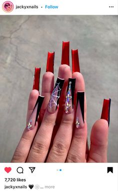 Hoco Nails Long, Halloween Nail Designs Red And Black, 40 Birthday Nails, Halloween Nails Stiletto, Black And Red Nail Designs, Nails Red And Black, Red Bottom Nails