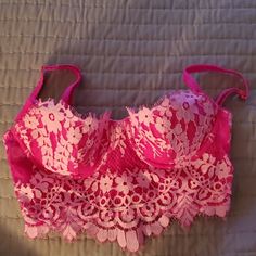 Very Pretty Pink With Light Pink Lace Pink Underwire Top For Party, Pink Party Tops With Underwire, Pink Underwire Party Tops, Pink Lace Crop Top For Party, Pink Fitted Lace Crop Top, Pink Victoria Secret Bra Push Up, Victoria's Secret Pink Bra, Pink Push-up Bra With Lace Trim, Vs Pink Bras