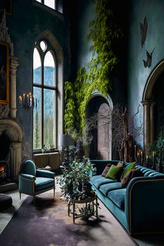 dark academia aesthetic living room with blue velvet couch and living wall Moody Eclectic Decor, Dark Academia Living Room, Dark Academia Room Ideas, Dark Academia Home Decor, Dark Academia Interior, Dark Green Rooms, Dark Academia Home, Eclectic Decor Bedroom, Academia Room