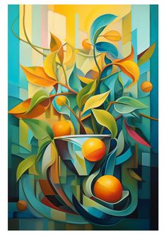 a painting of oranges and leaves in a vase